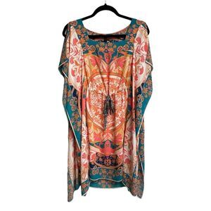 BCBGMAXAZRIA Boho Kaftan Printed Mini Knee Length Dress Coverup Pink Blue XS